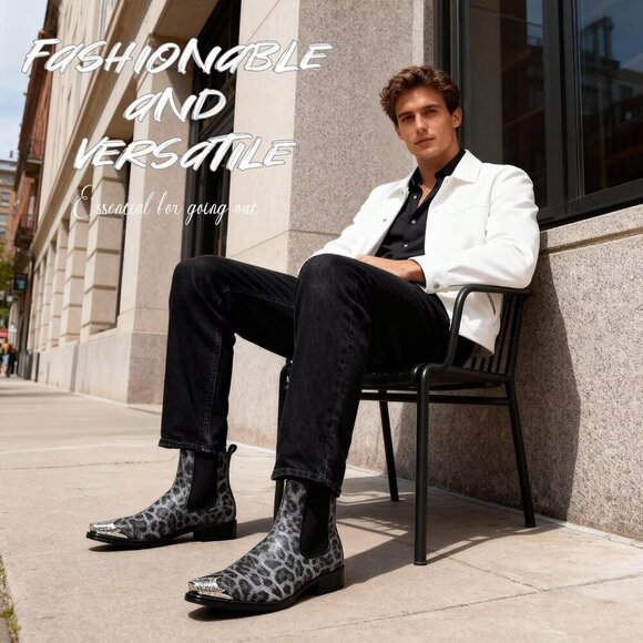 Men’s White Chelsea Pointed Metal Toe Leopard Print Ankle Street Style Boots main image 8